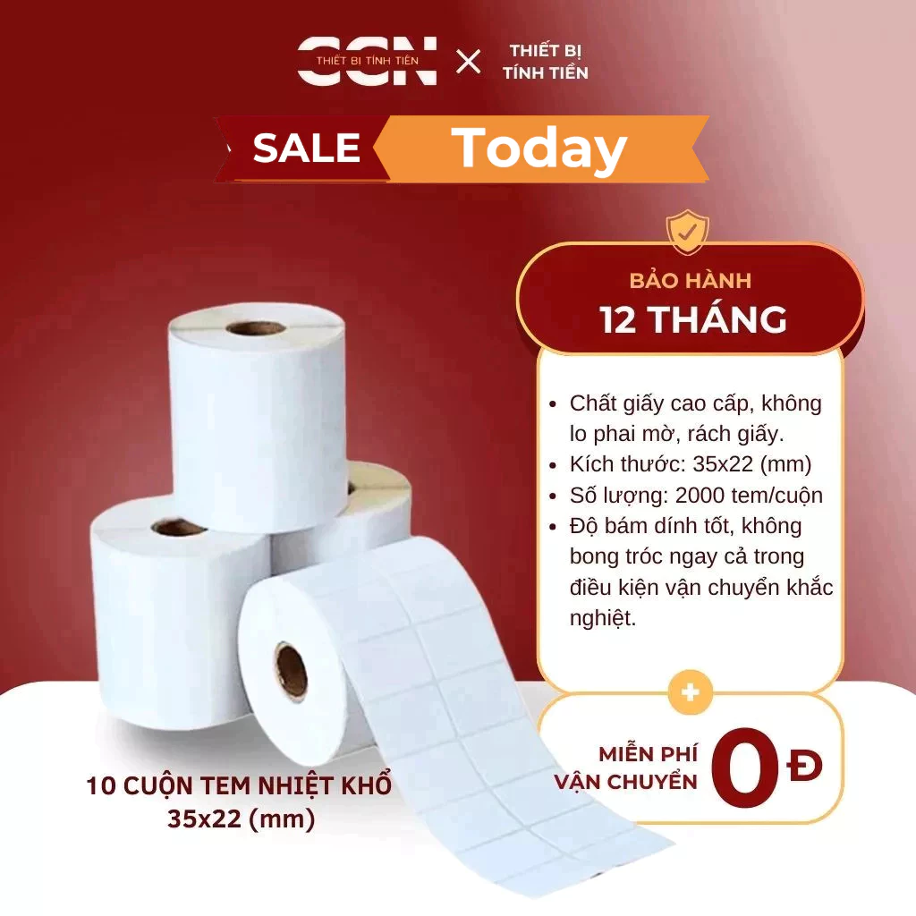 10 Cuộn in tem nhãn sản phẩm - Decal nhiệt 2 hàng tem khổ 35x22 - In mã vạch sản phẩm sắc nét và bền màu
