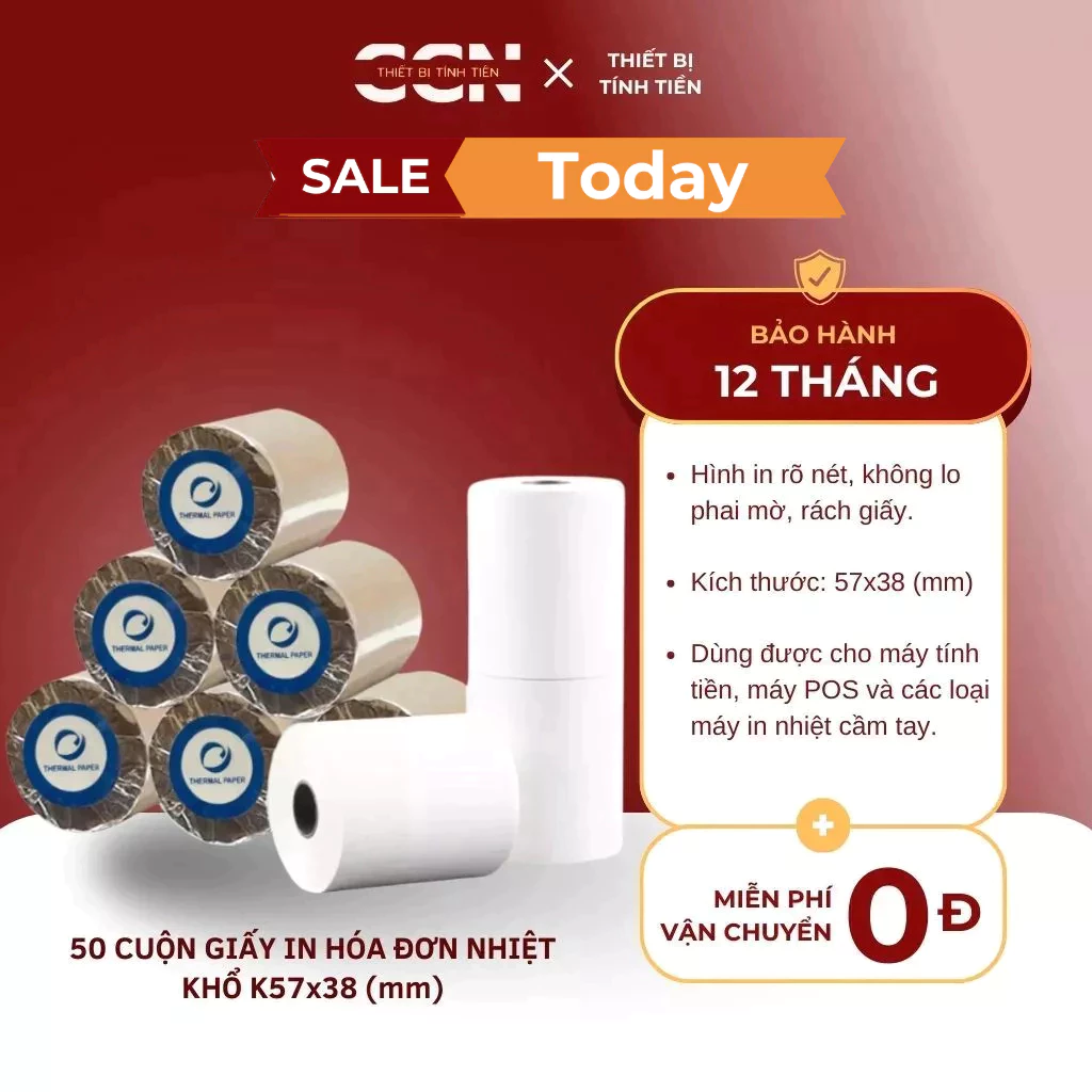 50 cuộn giấy in hóa đơn nhiệt khổ k57x38 - Giấy in điện nước, in hóa đơn mini, in bill máy in cầm tay - in rõ sắc nét