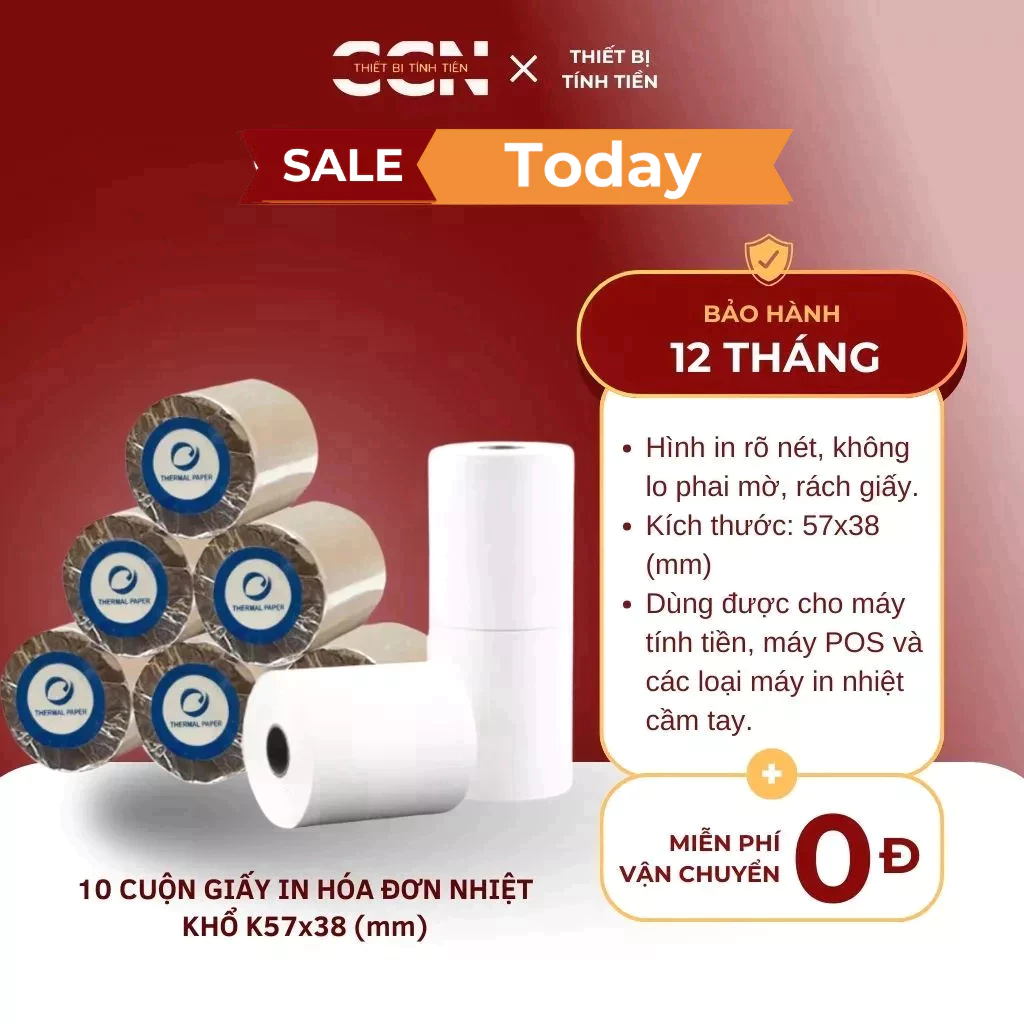 10 cuộn giấy in hóa đơn nhiệt khổ k57x38 - Giấy in điện nước, in hóa đơn mini, in bill máy in cầm tay - in rõ sắc nét