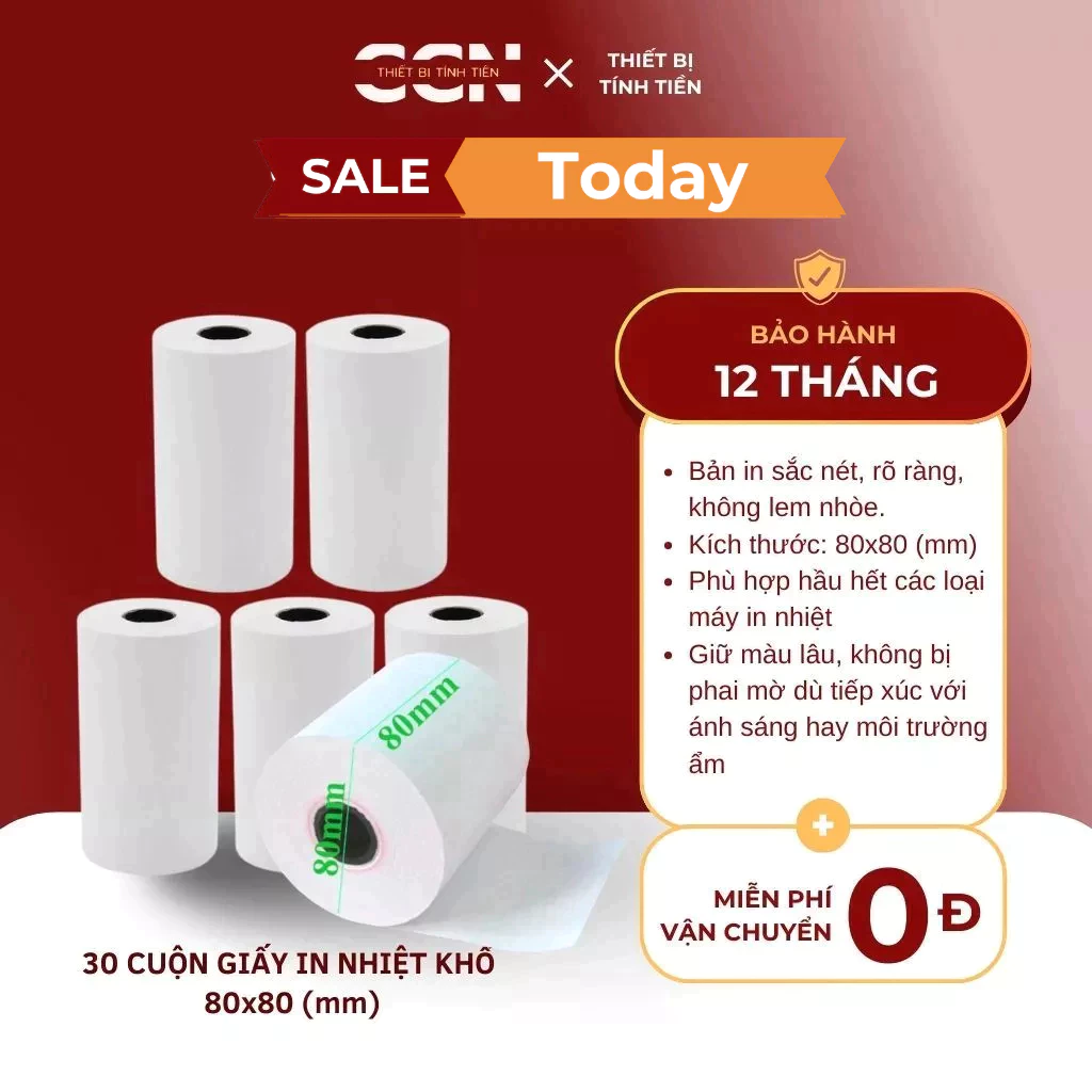 30 cuộn giấy in nhiệt khổ K80*80 - Dùng cho máy in hóa đơn - In sắc nét, bền màu
