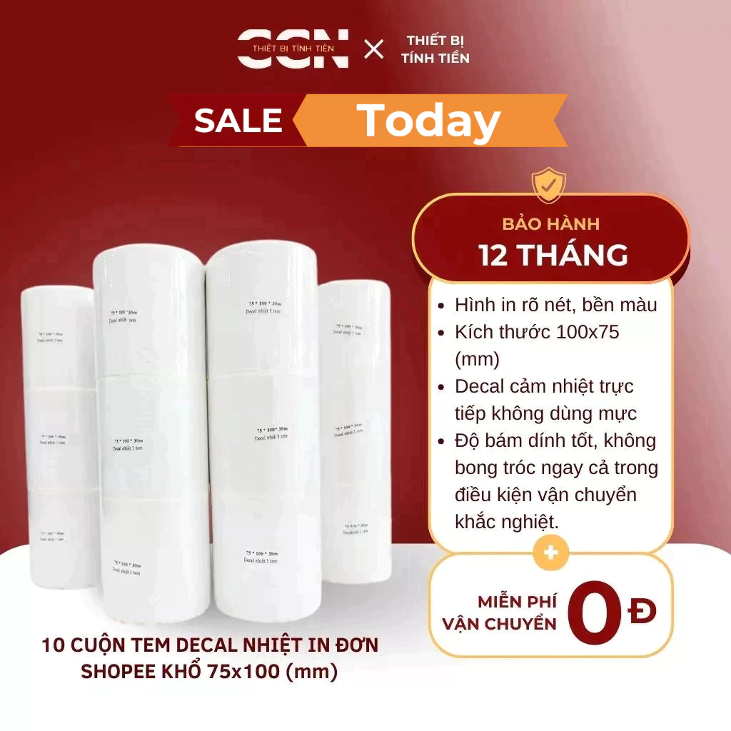 10 cuộn tem nhiệt khổ 75x100 in đơn shopee, sàn thương mại điện tử, in tem giao vận - In rõ nét bền màu