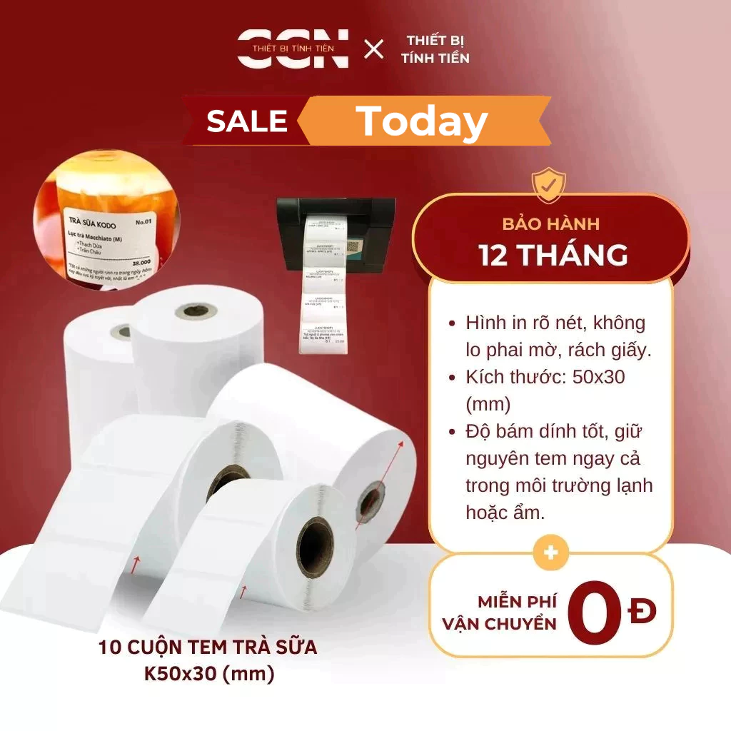 10 Cuộn tem trà sữa, kích thước 50x30mm, in tên món nước dán ly - In nhiệt bền màu, sắc nét