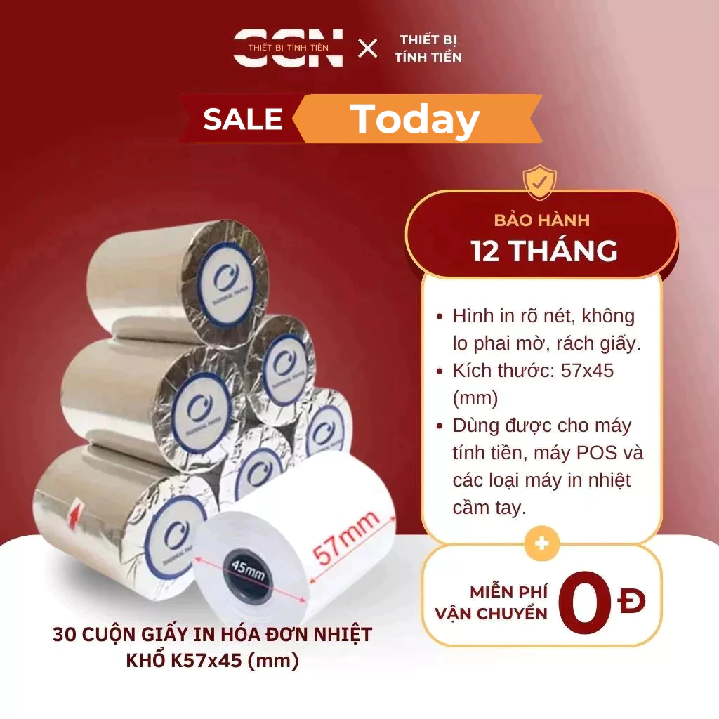30 cuộn giấy in hóa đơn nhiệt khổ k57x45 - Giấy in điện nước, in hóa đơn mini, in bill máy in cầm tay - in rõ sắc nét