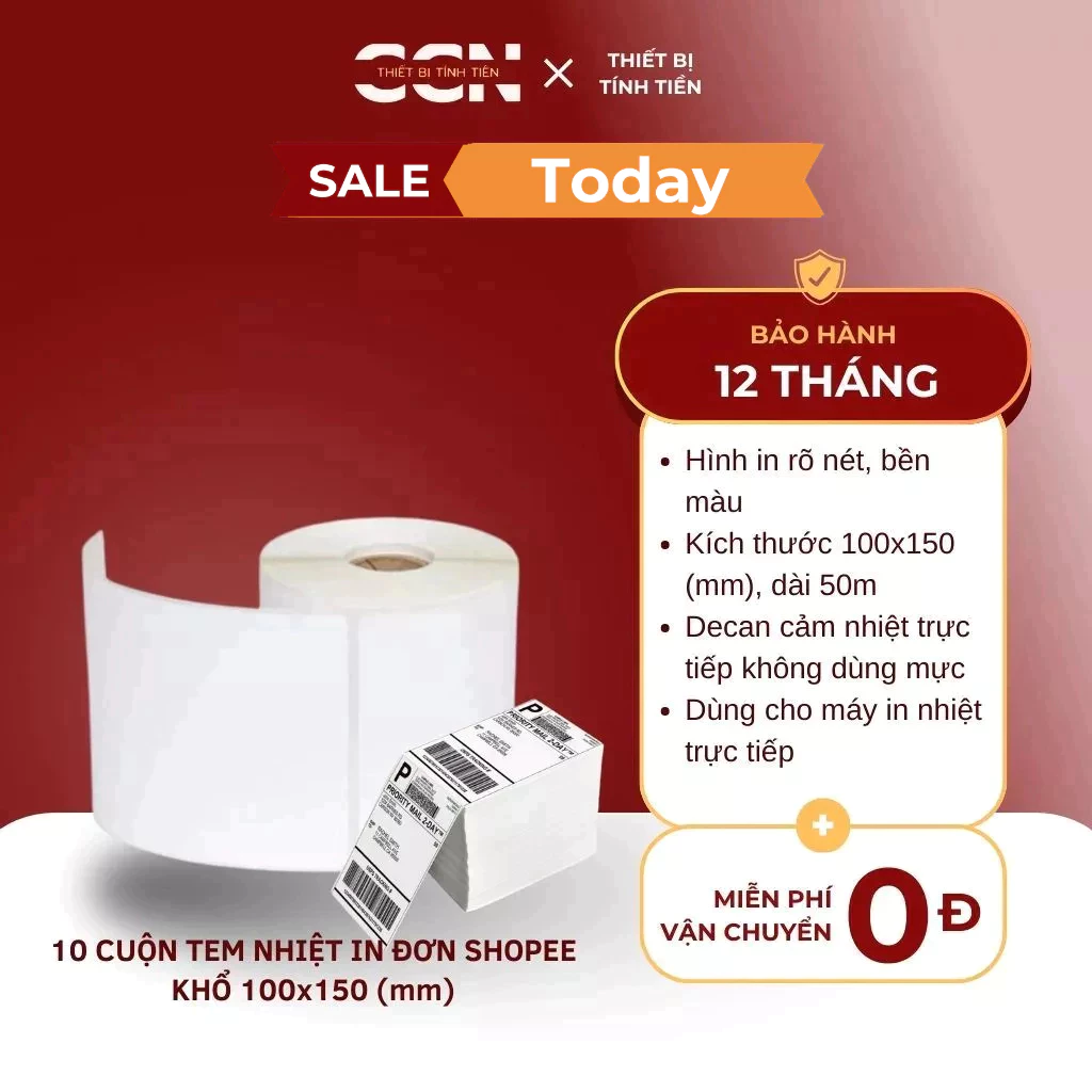 10 cuộn tem nhiệt khổ 100x150 (350 tờ) in đơn shopee, sàn thương mại điện tử, in tem giao vận - In rõ nét bền màu