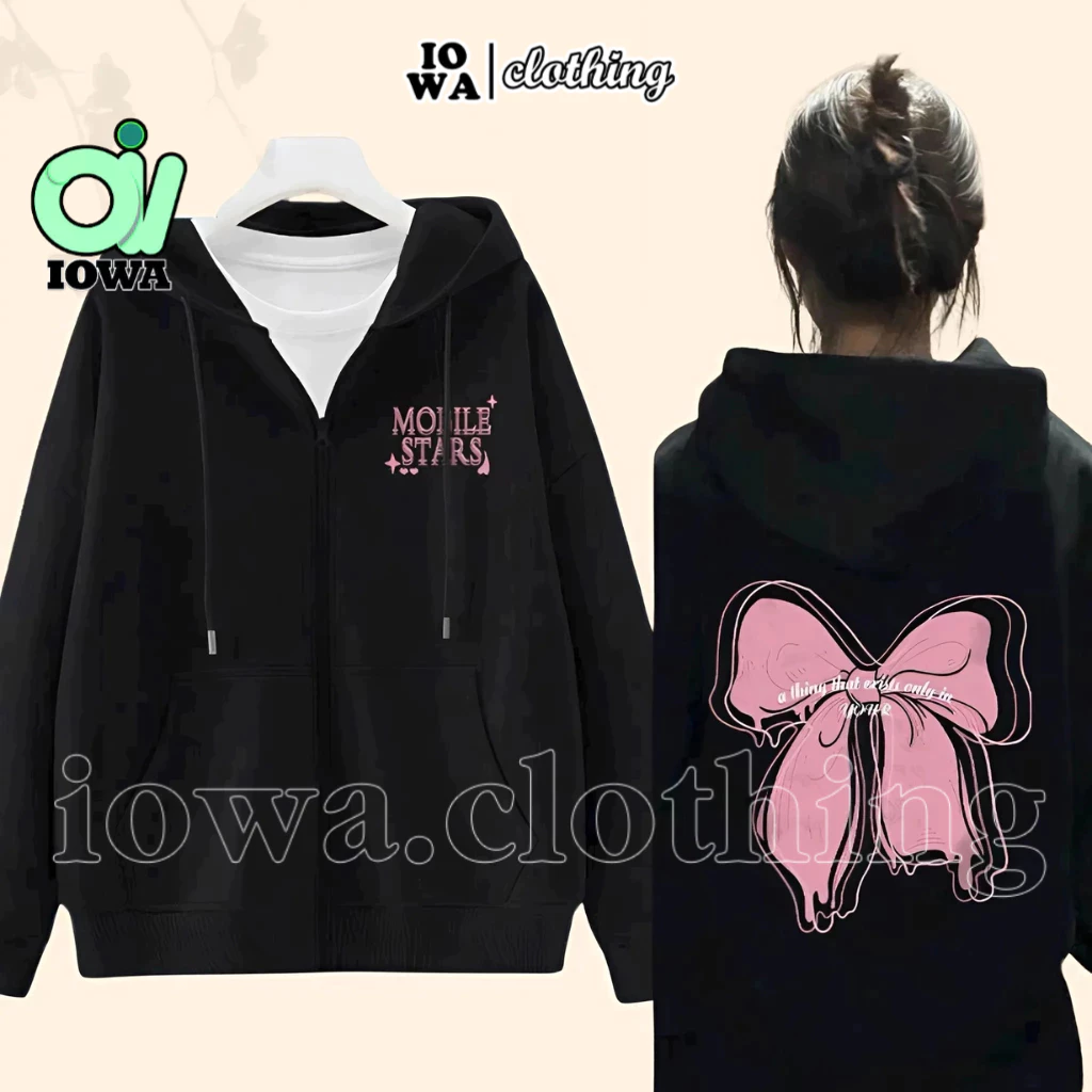 (XẢ HÀNG) Áo Khoác NỈ IN NƠ HỒNG Nỉ Bông Dày Dặn Phối Họa Tiết Đẹp BM152, Áo Khoác Nam Nữ Có Nón Form Rộng IOWA