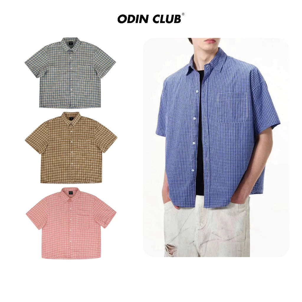 Áo sơ mi cộc tay Nelson ODIN CLUB, Áo sơ mi ngắn tay nam nữ, form boxy tôn dáng, chất liệu vải đũi, họa tiết kẻ caro
