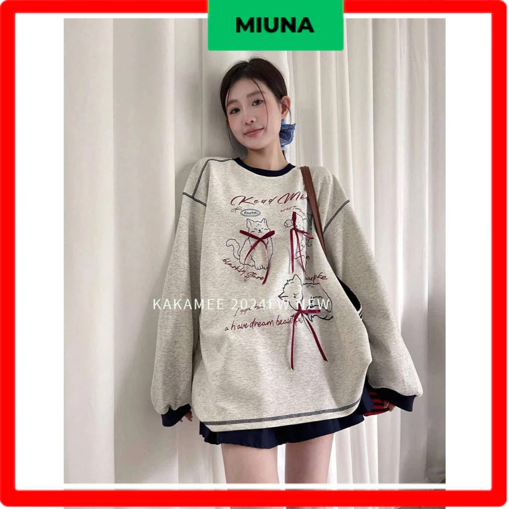 [CÓ FREESHIP] Áo sweater nỉ Miuna đính nơ, Áo thun dài tay form rộng phong cách thời trang thu đông-AL05