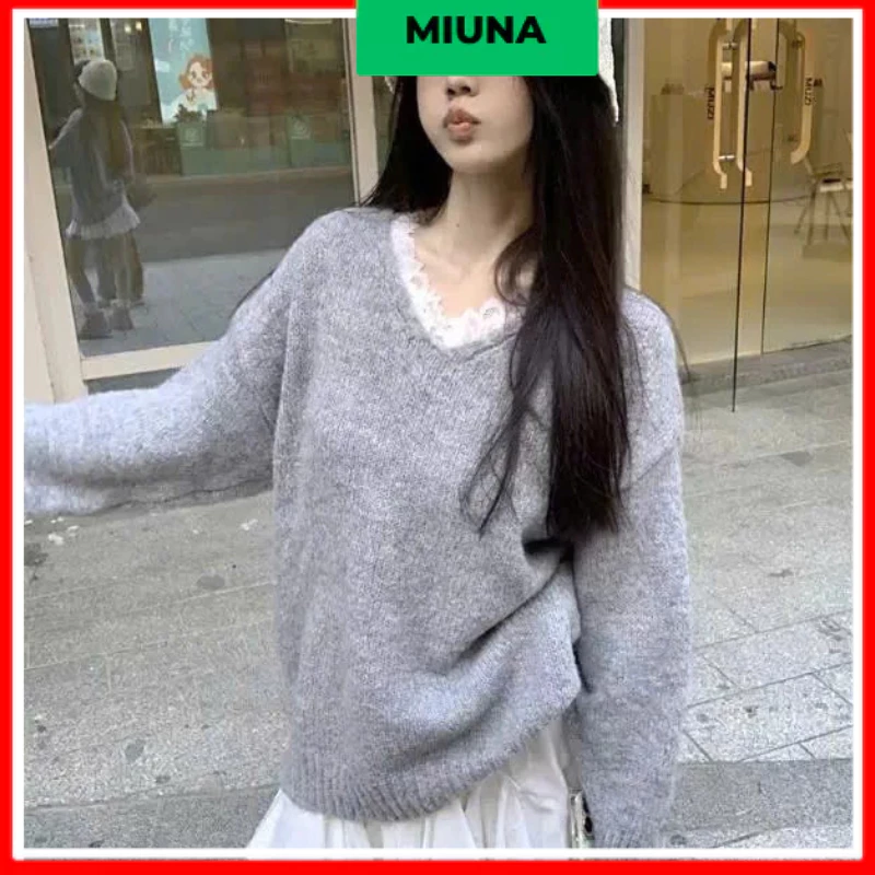 Áo len cổ V Form rộng Miuna phong cách Hàn Quốc, Áo len viền ren tay dài màu xám