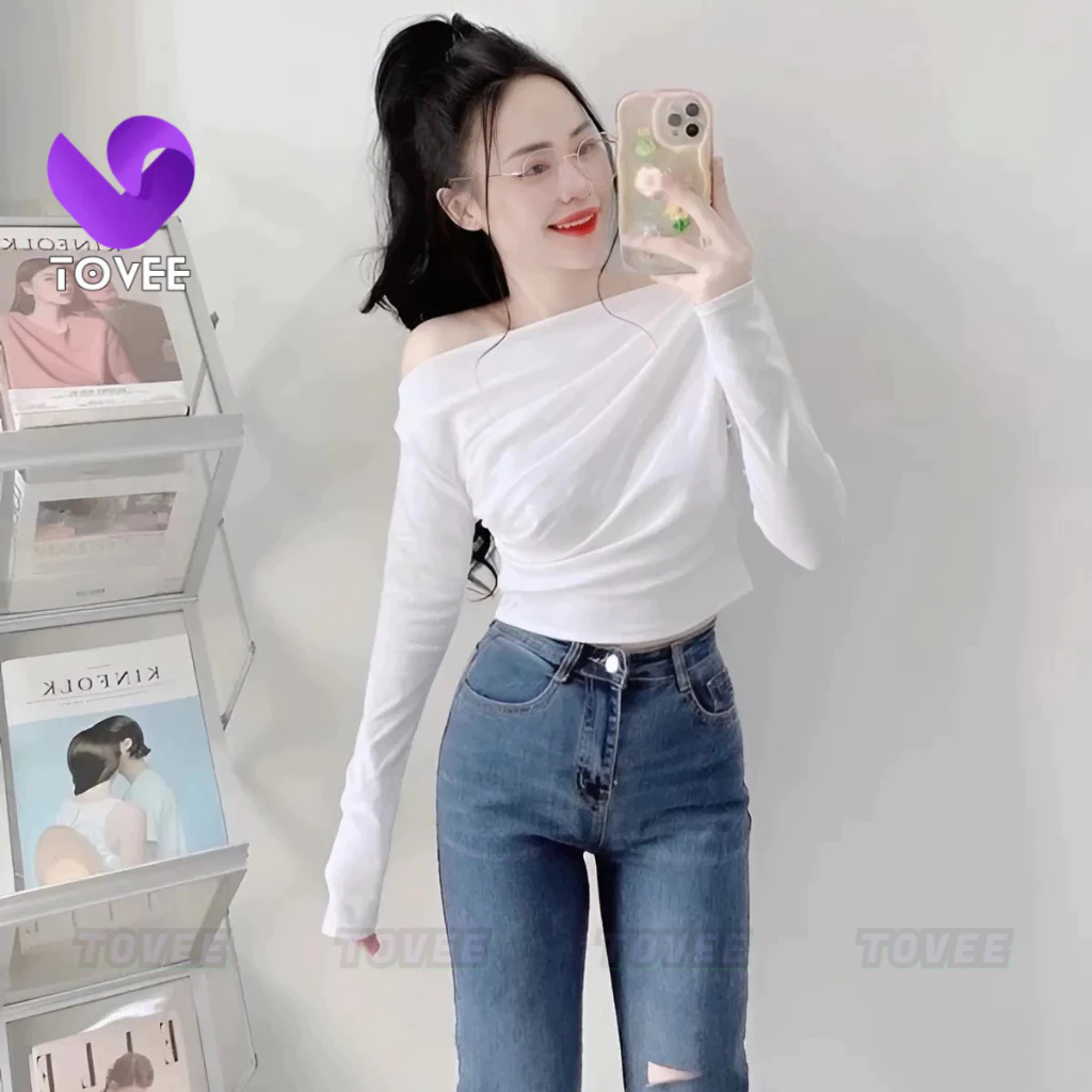 [XẢ HÀNG] Áo Croptop TAY DÀI TRỄ VAI NHÚN CHÉO NGỰC Kiểu Trơn Form ôm body Nữ BM107, Áo thun sexy chất Borip TOVEE