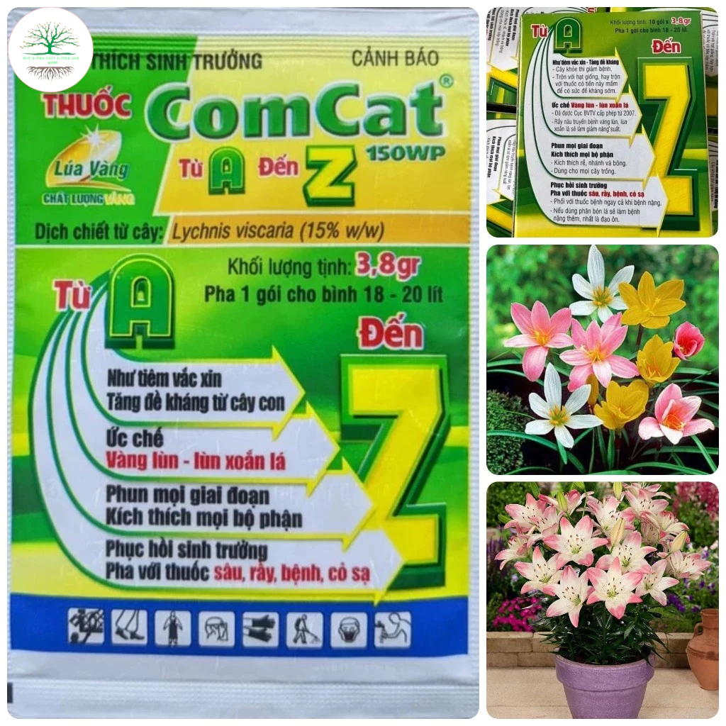 Chế phẩm ComCat 150wp (gói 3.8g). Kích thích sinh trưởng, giải độc, kích rễ. Tăng sức đề kháng cây con