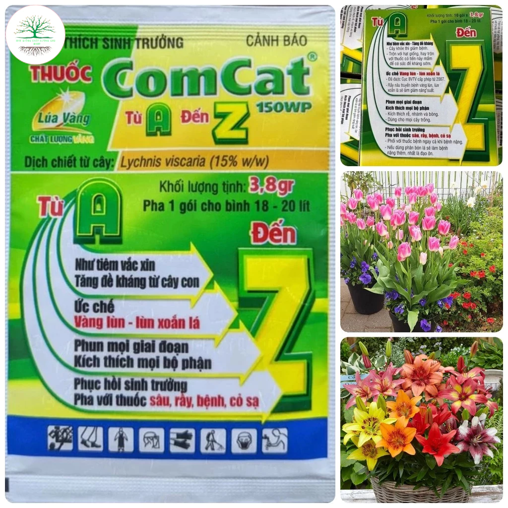 Thuốc ComCat 150wp từ a- z (gói 3.8g). Kích thích sinh trưởng, giải độc, kích rễ. Tăng sức đề kháng cây con