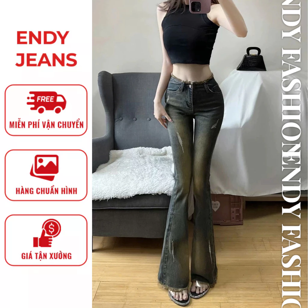 Quần jeans nữ ống loe cạp cao tua gấu, quần bò nữ màu xanh rêu thời trang chất vải co giãn ED25