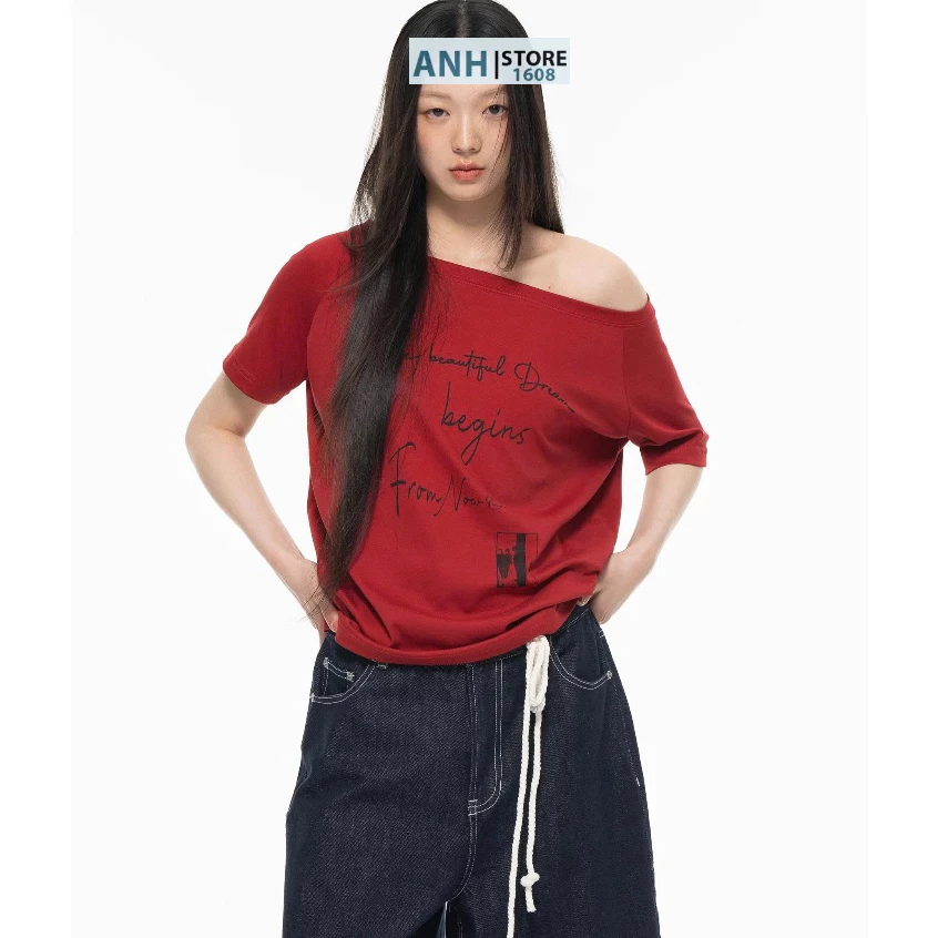 Áo Thun Lệch Vai Ngắn Tay chất COTTON 4C Cao Cấp ANHSTORE, phom rộng in hình cá tính