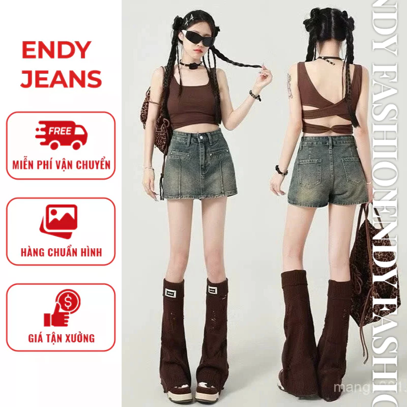 Quần short jeans giả váy dáng chữ A cạp cao tôn dáng màu xanh pha rêu retro thời trang ED07