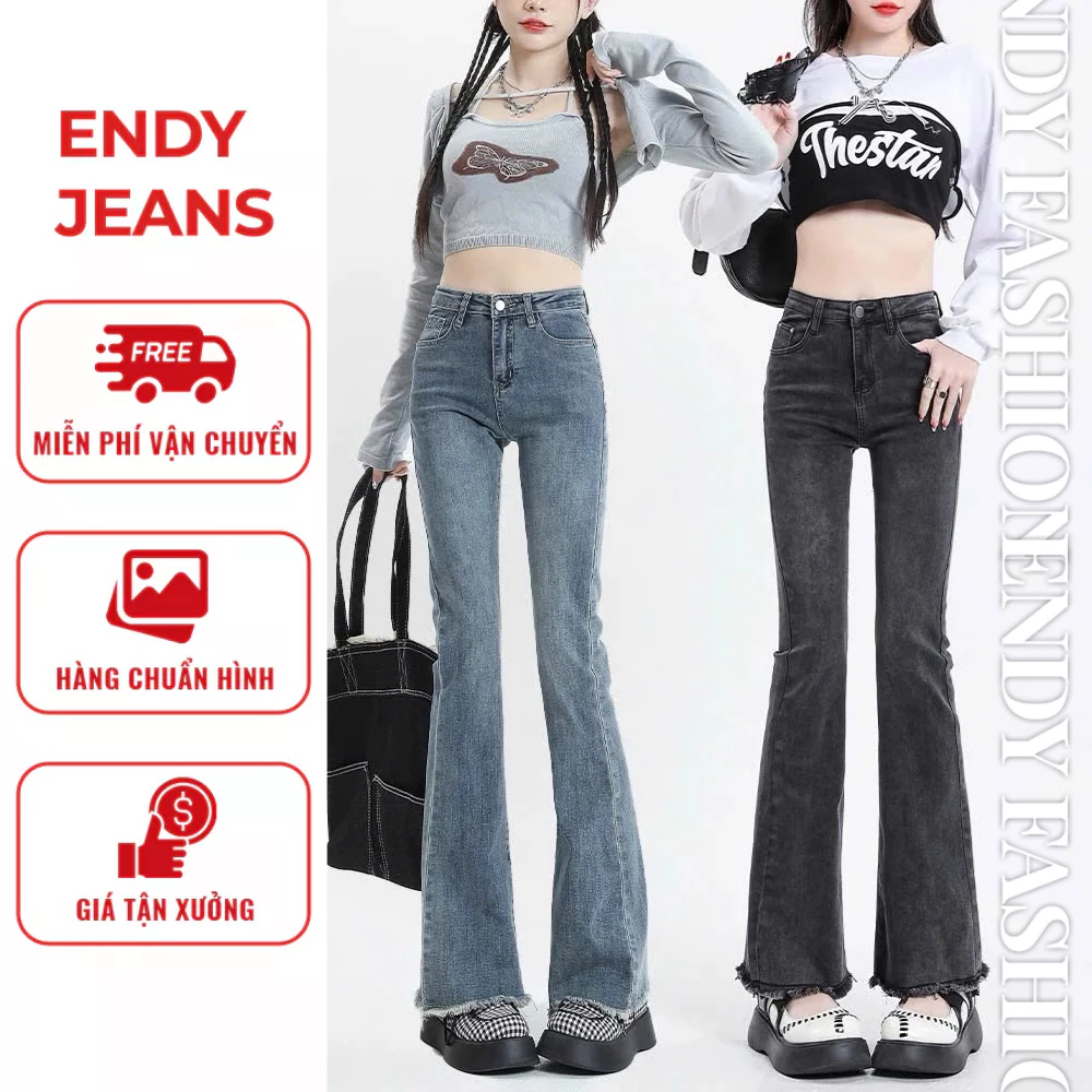 Quần jeans nữ ống loe tua gấu cạp cao dáng ôm, quần bò thời trang vải co giãn màu xanh nhạt/xám ED43