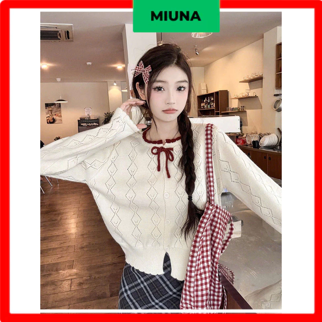 Áo thun len họa tiết quả trám Miuna dáng ngắn, Áo len phối nơ đỏ kiểu ngọt ngào dễ thương AT09