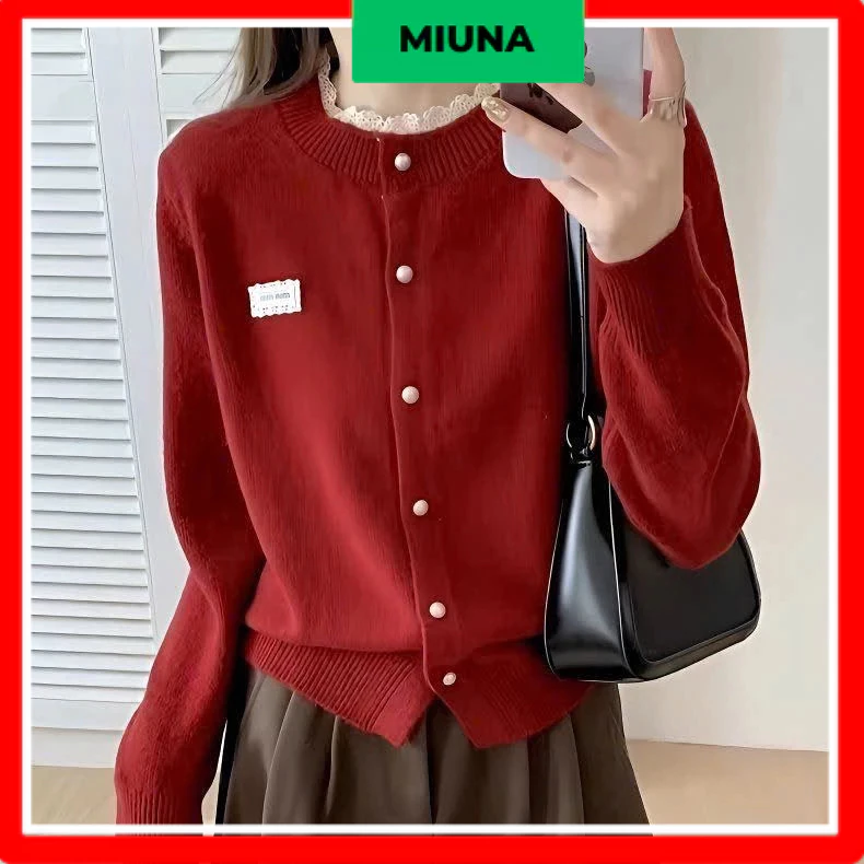 Áo cardigan trơn 𝑴𝒊𝒖𝒏𝒂 phối cổ ren, Áo len nữ basic dễ mặc dễ phối đồ phong cách Hàn Quốc CA31