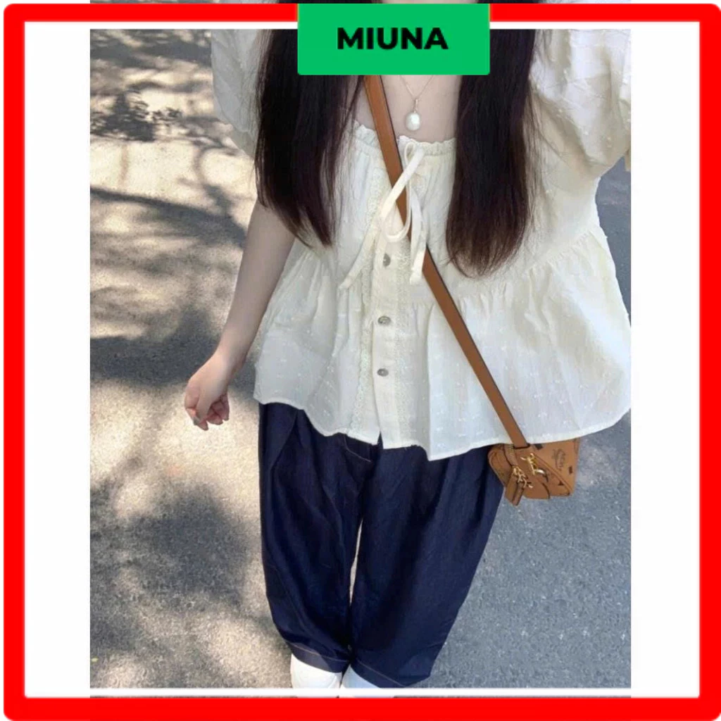 Áo sơ mi babydoll Miuna dáng suông phối viền bèo, Áo kiểu thắt nơ phong cách vintage S11