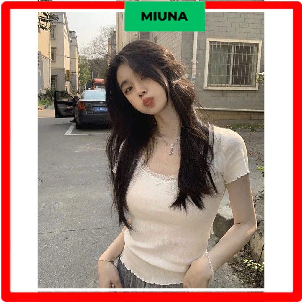 Áo thun nữ cổ ren miuna ôm body phong cách tiểu thư- áo len tăm mỏng nữ tính mặc hè-A10