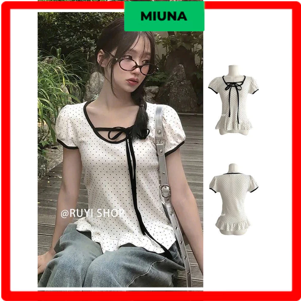 [ẢNH THẬT] Áo thun nữ chấm bi miuna viền đen buộc nơ form ôm tiểu thư , áo babytee nữ phong cách Hàn cổ vuông A37