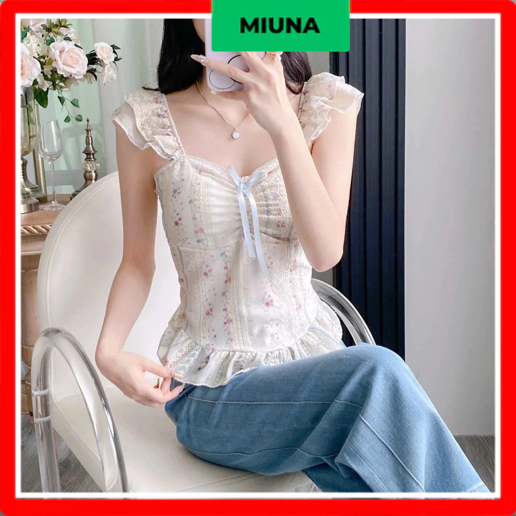 [ẢNH THẬT] Áo kiểu nữ hoa nhí Miuna viền bèo có mút ngực ,áo dây bản to nữ tay bèo cổ vuông nơ ngực -A70