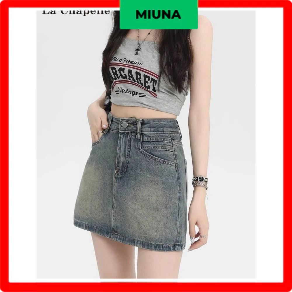 Chân váy jean Miuna dáng chữ a, Chân váy ngắn denim wash loang phong cách y2k cá tính C34