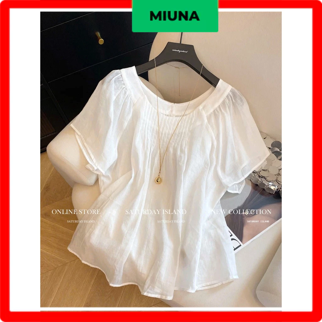 Áo kiểu nữ trắng Miuna form rộng, áo kiểu nữ tay bèo dáng suông tiểu thư thanh lịch -A09