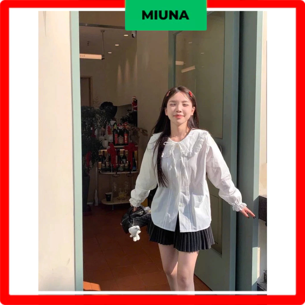 Áo sơ mi nữ cổ sen viền bèo Miuna, Áo sơ mi tay dài from rộng phong cách tiểu thư Hàn Quốc - S65