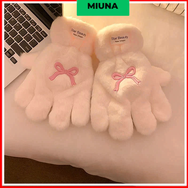 Găng tay nhung thỏ Miuna mềm mại, Găng tay có nơ, màu trắng/đen, phong cách dễ thương -PK37