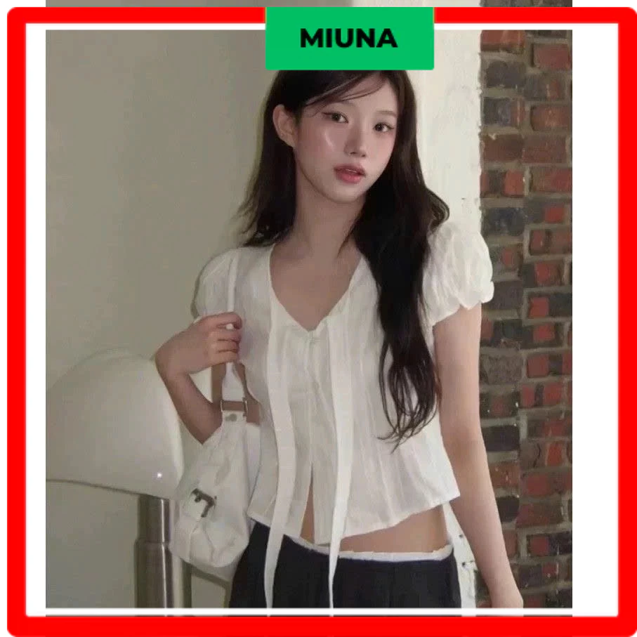 Áo kiểu nữ tay bèo thắt nơ Miuna form ôm tiểu thư thanh lịch, áo sơ mi trắng công sở nhẹ nhàng -A03