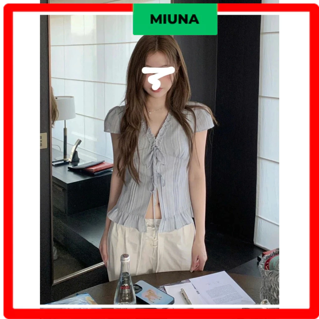Áo sơ mi xanh pastel Miuna viền ren thắt nơ, Áo sơ mi tay ngắn dáng ôm phong cách Hàn Quốc_A28
