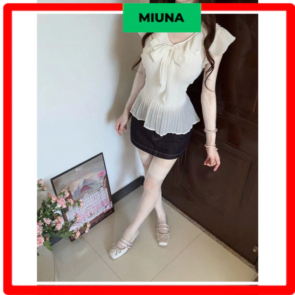 Áo kiểu voan trắng Miuna môt lớp cổ V, Áo mùa hè xếp ly mùa hè mặc mát phong cách sang trọng - A52