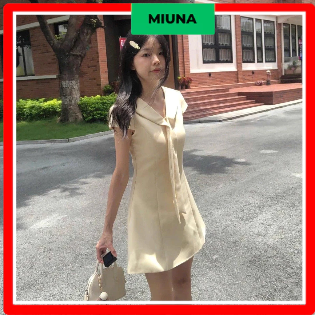Váy ngắn phối nơ cổ Miuna cộc tay, Váy dáng chữ A thanh lịch phong cách Hàn Quốc_D29