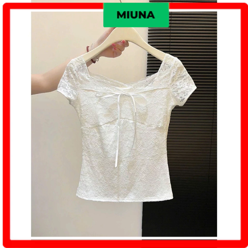 Áo ren nữ ôm body miuna cổ vuông phong cách tiểu thư áo thun trắng nữ tính dễ phối đồ -A11