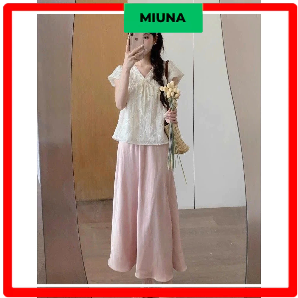 Áo sơ mi kiểu tay bồng Miuna cổ ren, Áo Babydoll dáng xuông cổ V phong cách nàng thơ - A54