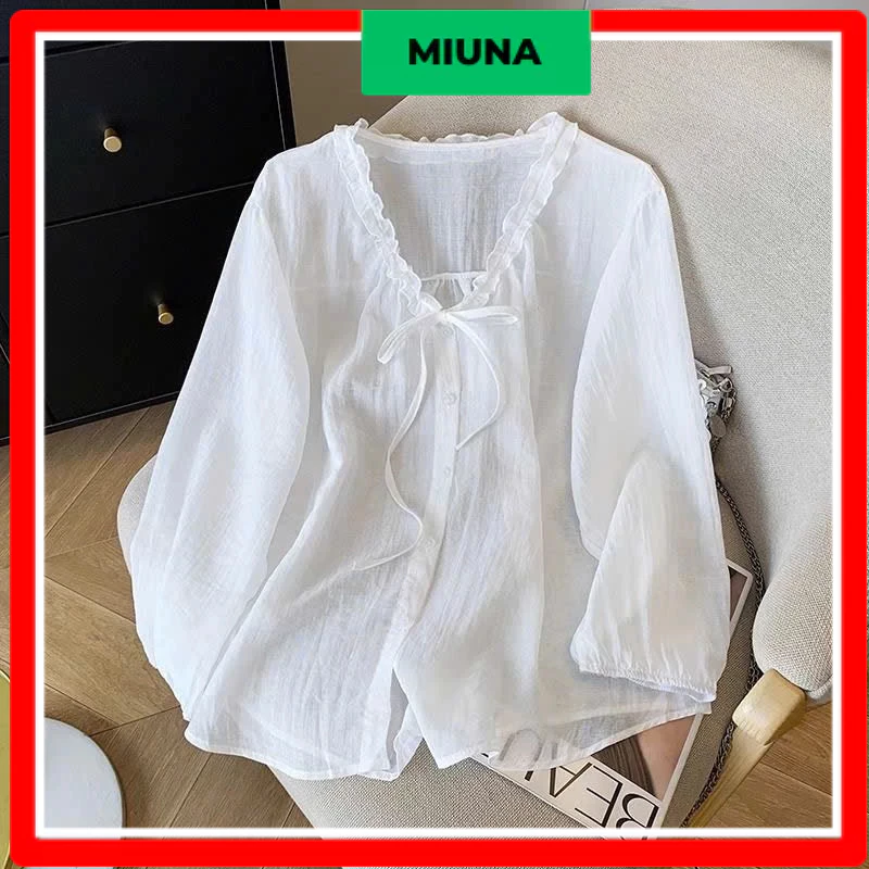 Áo Babydoll Miuna cổ bèo, Áo sơ mi cổ bèo có dây nơ phong cách Hàn Quốc S39