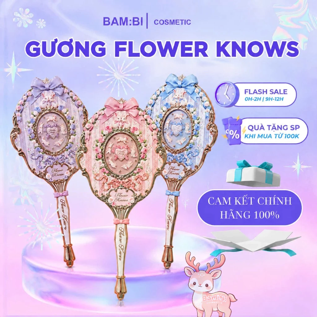 ( SẴN) FLOWER KNOWS-Hoa Biếc Các Bộ Sưu Tập Gương Cầm Tay Của Hãng-Bunny-Strawberry Cupid-Bear