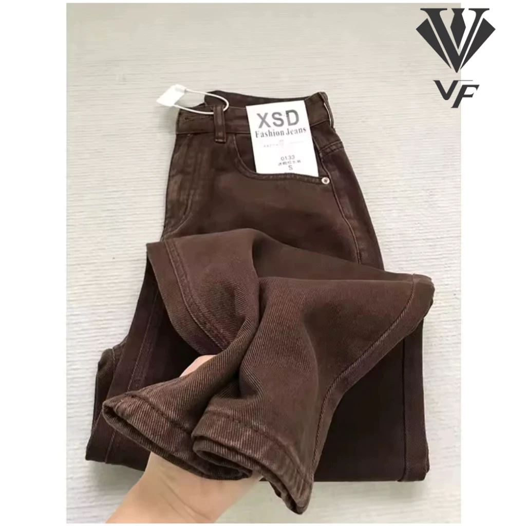Quần Jean Nữ Suông Nâu Ống Rộng Lưng Cao Trơn Dài Basic