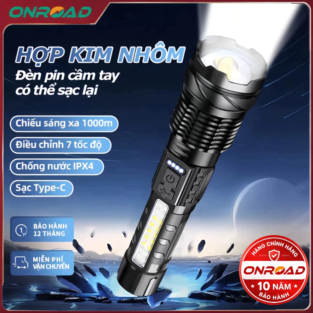ONR-Đèn Pin Siêu Sáng Loại Đèn Pin Cầm Tay Pin Cực Trâu, Chiếu Cực Xa Chống Nước Tuyệt Đối