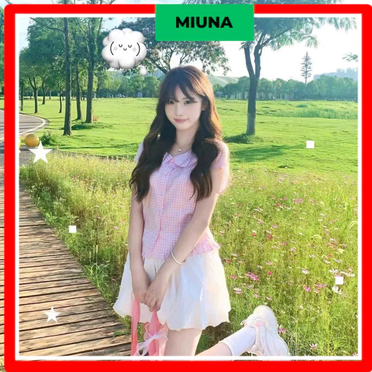 Áo sơ mi caro hồng Miuna cổ sen, Áo kiểu nữ dáng ôm xòe nhẹ phong cách Hàn Quốc S40