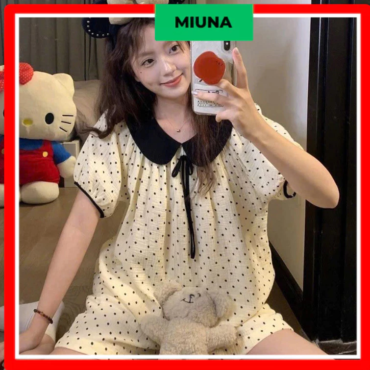 Bộ đồ ngủ chấm bi Miuna phối dây nơ, Set pijama cổ bèo chất đũi dáng rộng đáng yêu ST11