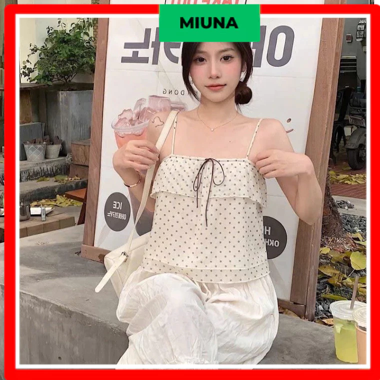 Áo hai dây chấm bi Miuna dáng xuông, Áo kiểu có quai điều chỉnh phong cách mùa hè A104