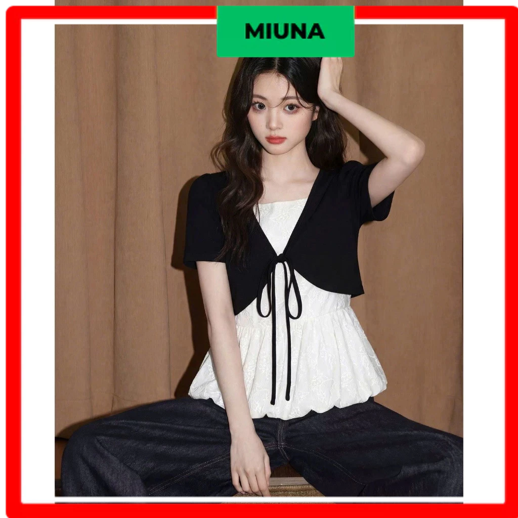 Áo nỉ thun mùa hè Miuna hai lớp, Áo kiểu nữ dáng bí phong cách Retro A100