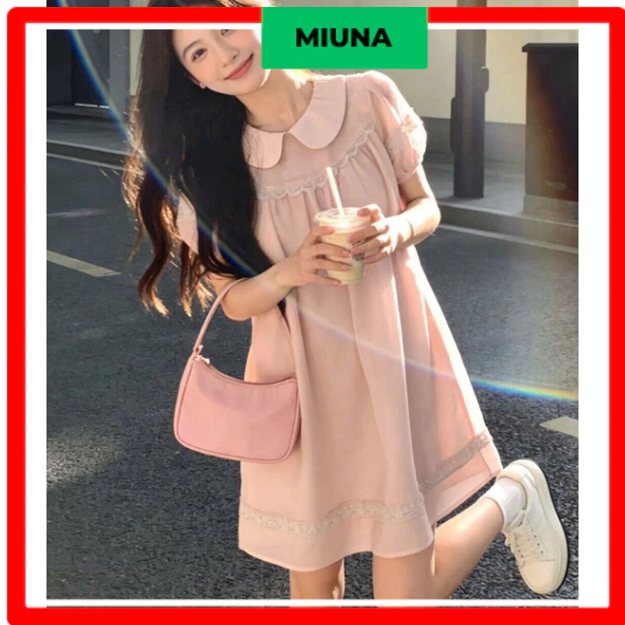 Váy babydoll nữ Miuna dáng suông cổ sen, Váy sơ mi màu hồng pastel Hàn Quốc tiểu thư -D06