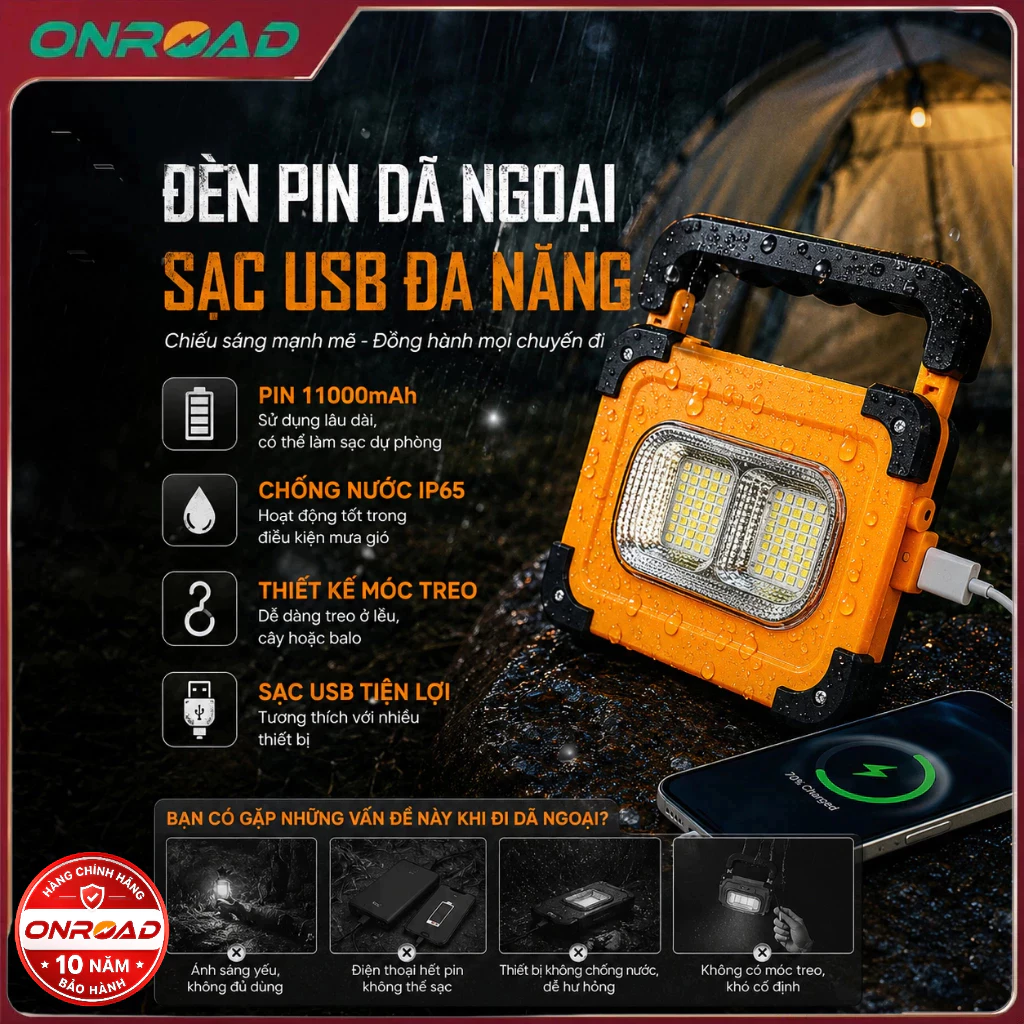 ONR Đèn Cắm Trại Năng Lượng Mặt Trời 11000mAh Siêu Sáng Sạc USB Làm Sạc Dự Phòng Chống Nước IP65 Cho Dã Ngoại Ngoài Trời