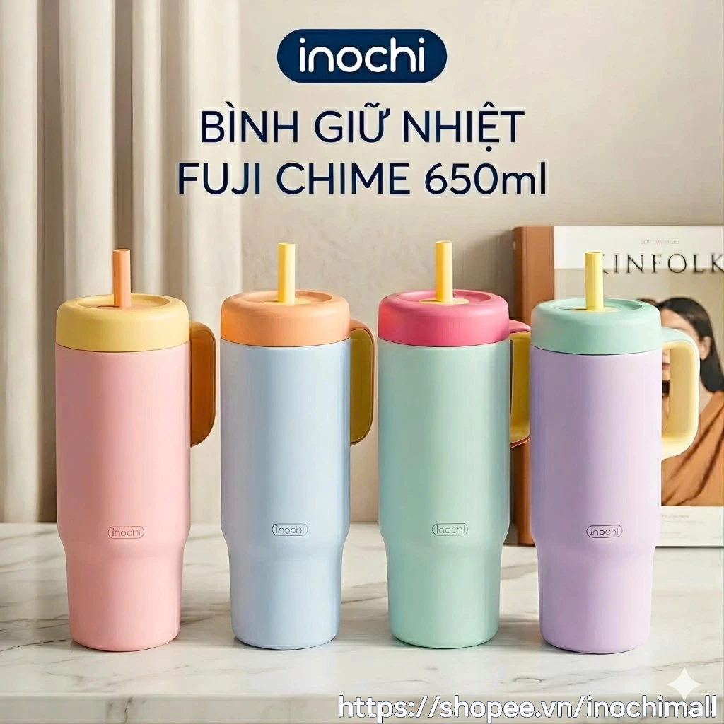 Bình giữ nhiệt Inochi Fuji Chime 650ml - inox 304 giữ nóng lạnh 6h có ống hút chống sặc quai xách
