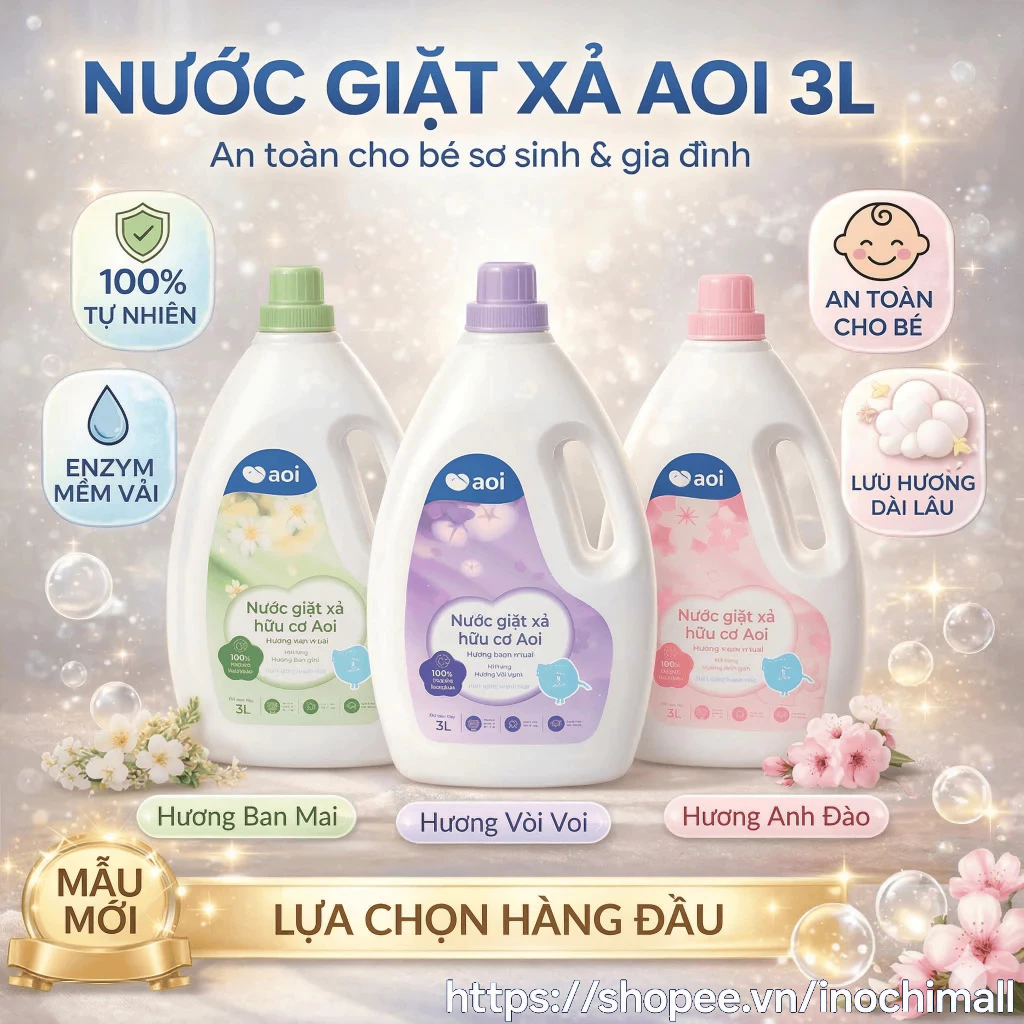 Nước giặt xả trẻ em Aoi 3L không kích ứng da hương thơm bền lâu an toàn cho bé, nguồn gốc tự nhiên