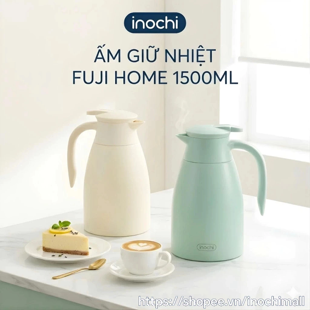 Ấm giữ nhiệt Fuji Home 1500ml - inox 2 lớp giữ nóng lạnh lâu có tay cầm tiện rót chống tràn