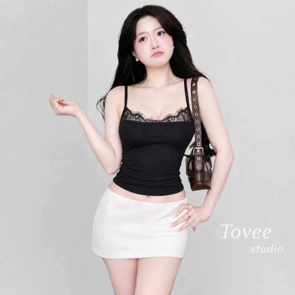 [CÓ MÚT/KO MÚT] Áo Croptop HAI DÂY REN LỚN CÓ MÚT NGỰC Chất Thun Gân CR16, Áo 2 Dây Ren Ngực Ôm Body TOVEE