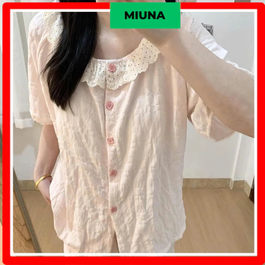 Bộ đồ ngủ cộc tay Miuna cổ ren, Set pijama đũi màu hồng cúc hoa phong cách mùa hè ST3
